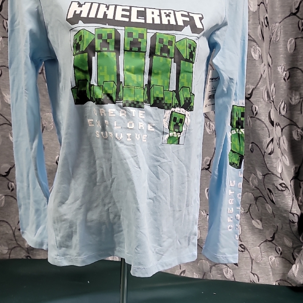 **Kids Long-Sleeve Shirt - Light Blue with Creeper Graphics**